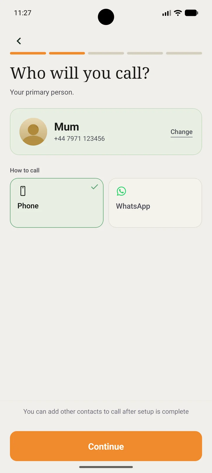CallFirst contact picker — Mum selected as the primary contact, with Phone or WhatsApp call choice